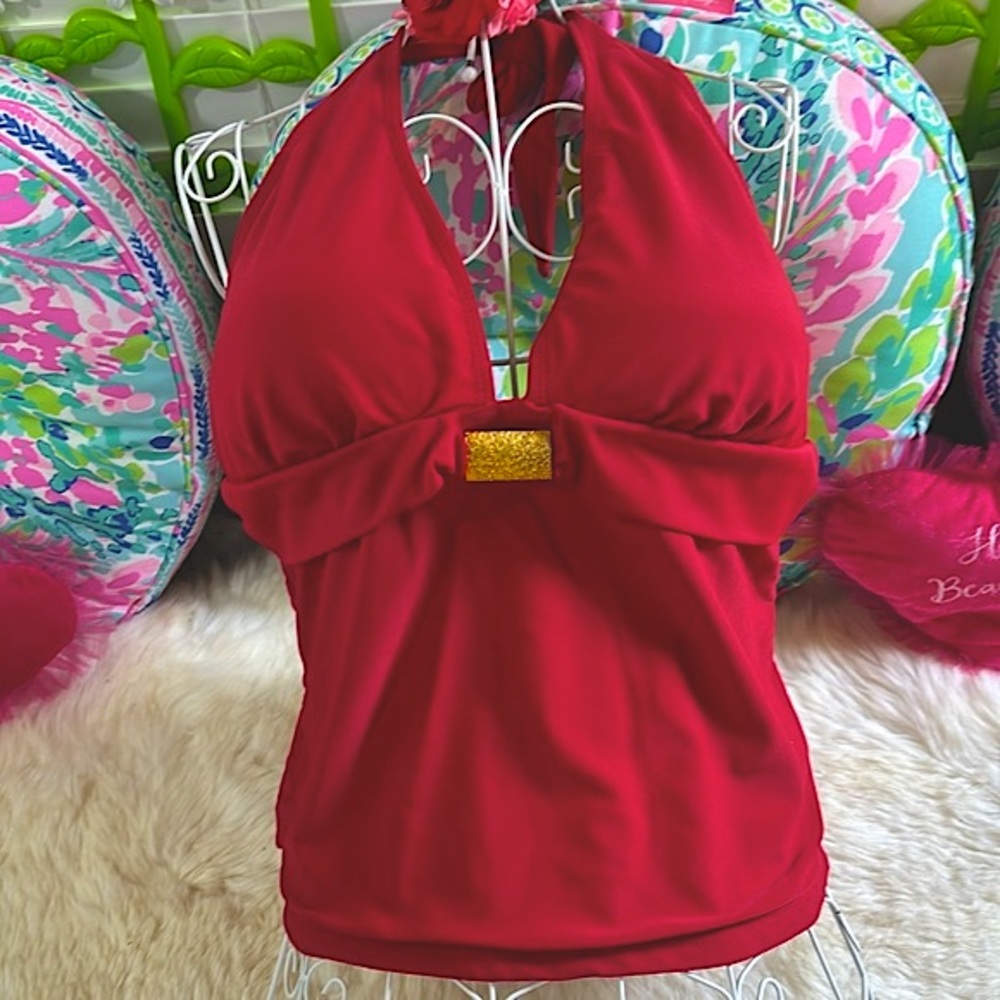 Red halter top with copper center medallion